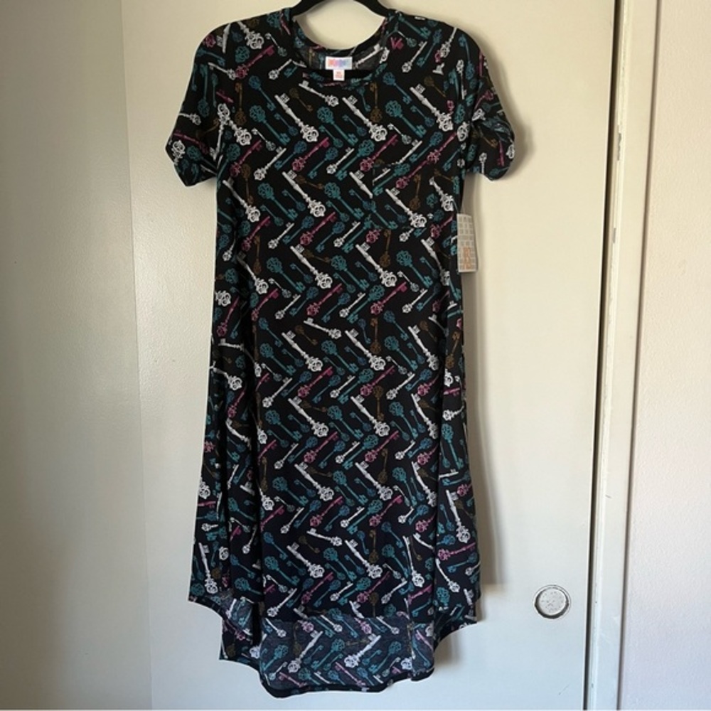 LuLaRoe Carly Pocket Dress Skeleton Key Print NWT‎ XS Black Multi